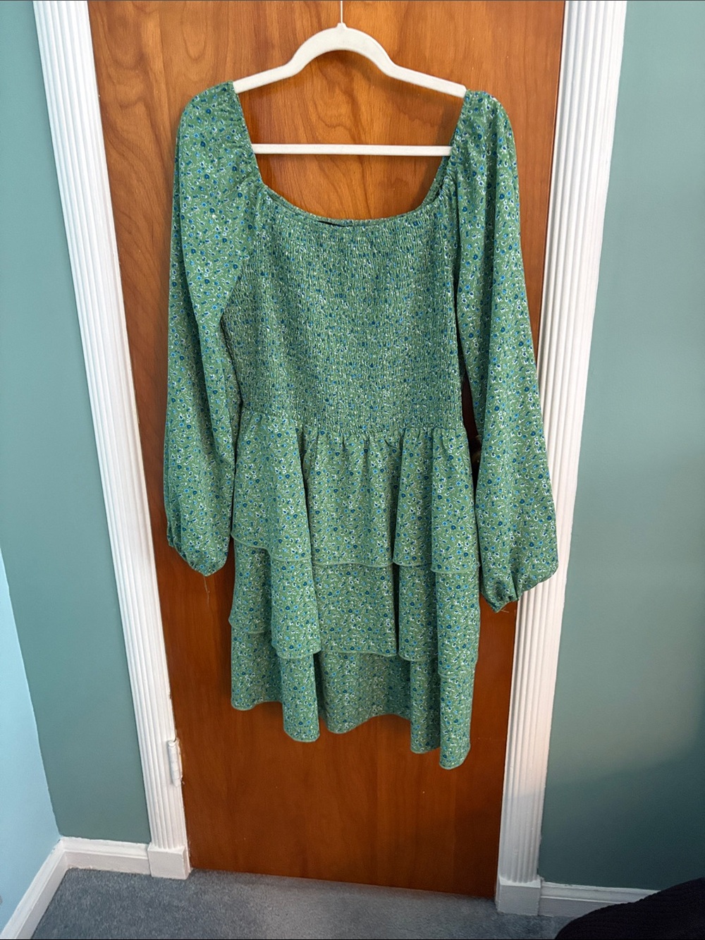 Green Floral Tiered Mini Dress with Smocked Bodice